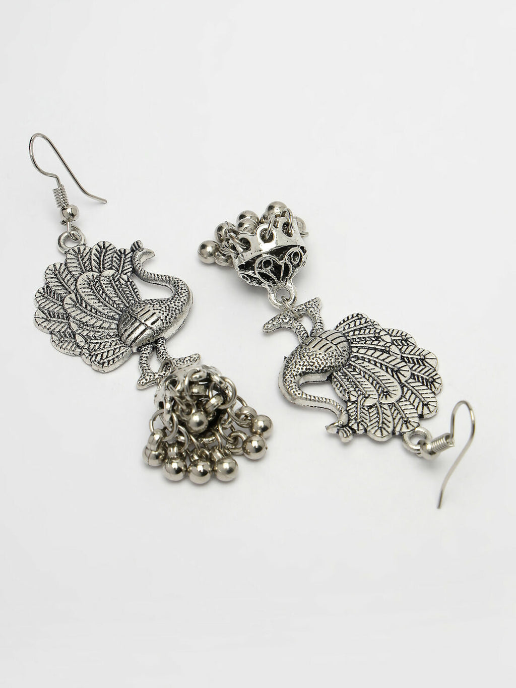 NVR Women's Silver-Toned Peacock Desing German Silver Oxidised Dome Shaped Jhumka Earrings | Grocsy