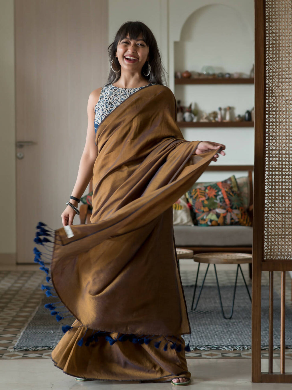 Suta Brown Solid Cotton Blend Saree | Grocsy