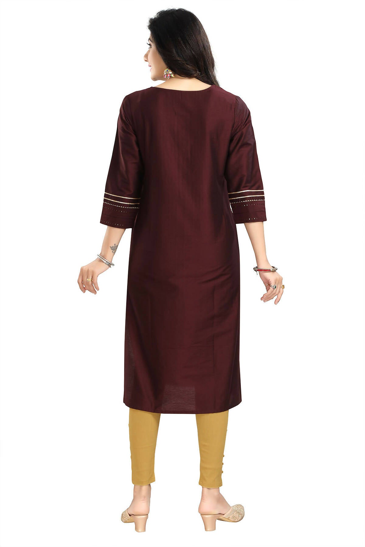 Snehal Creations Beautiful Brown Cotton Silk Designer Long Kurti Tunic With Sequines Embroidery | Grocsy