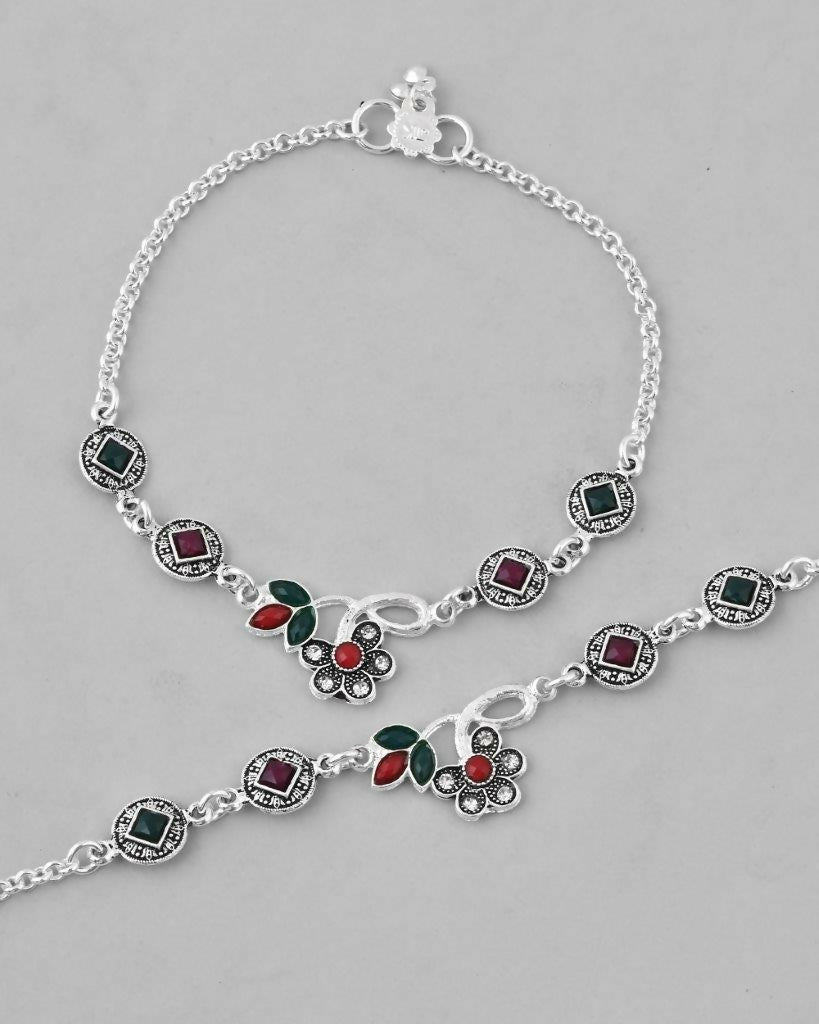 VOJ Set of 2 Traditional Multi Color Stone Studded Designer Anklet | Grocsy