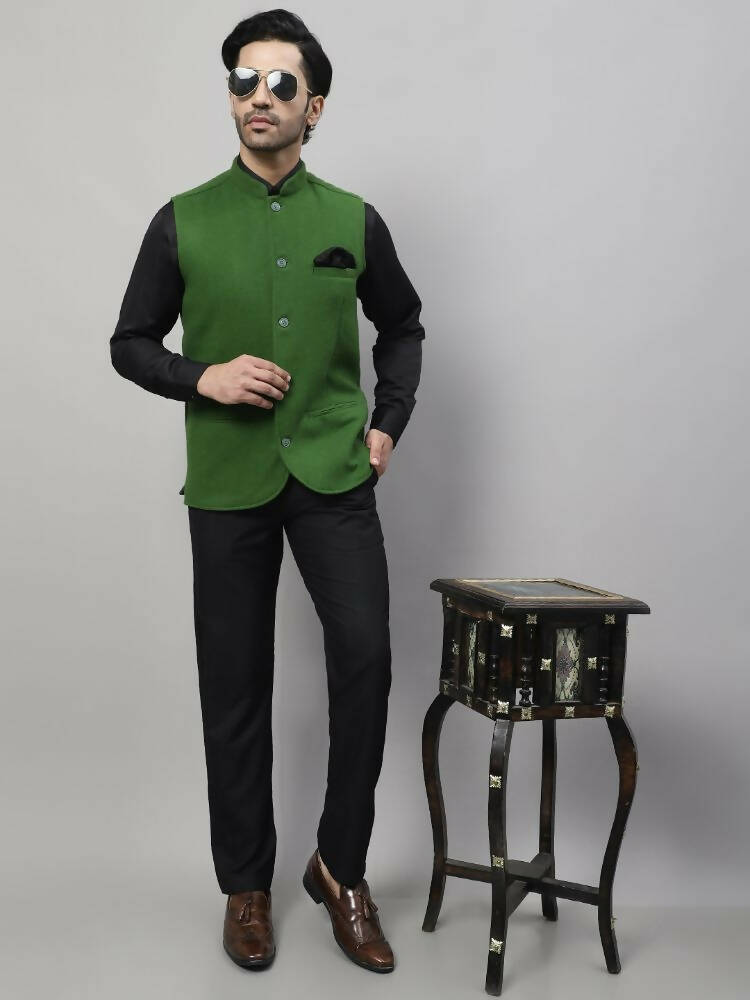 Even Apparels Pure Wool Nehru Jacket - Green | Grocsy