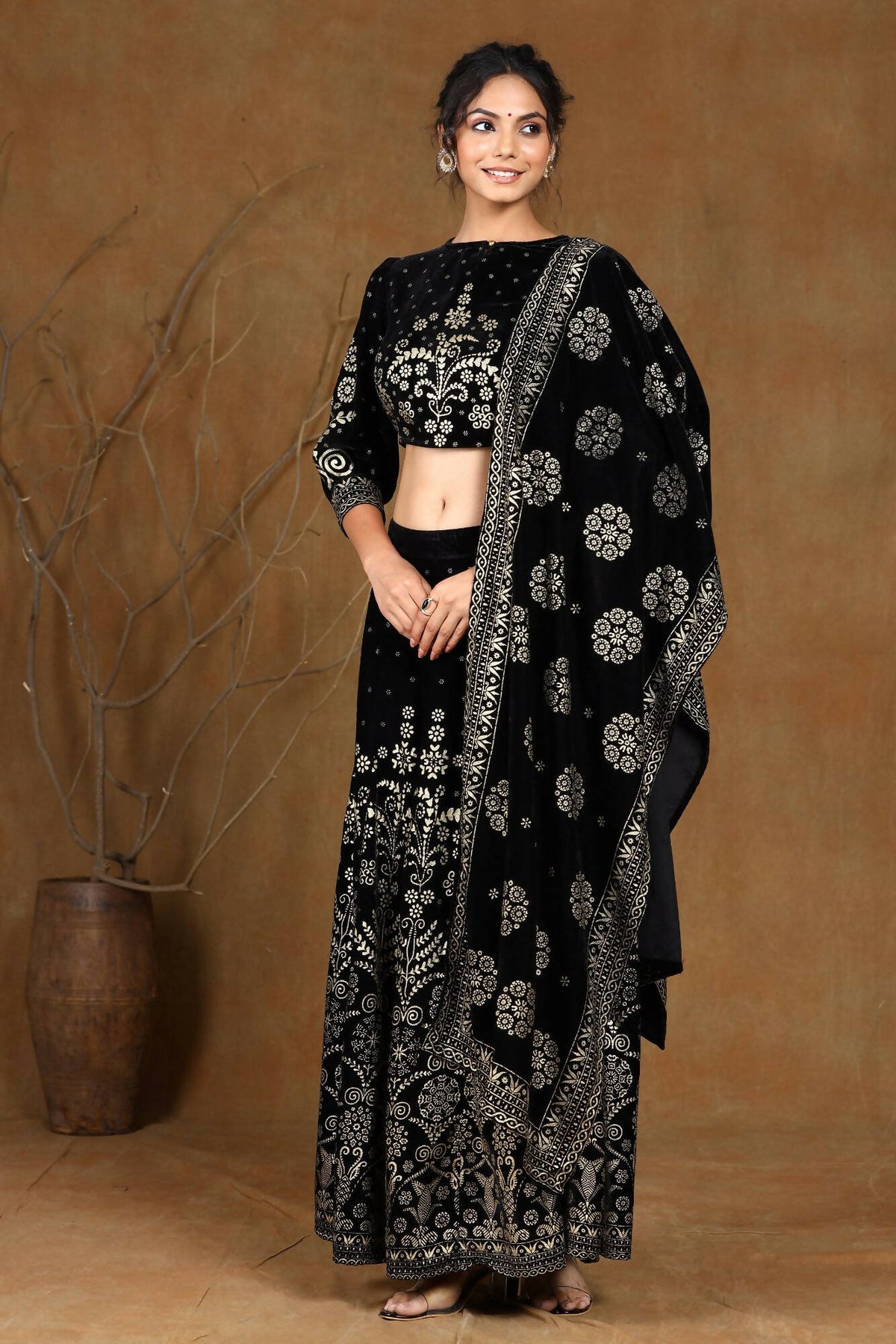 Juniper Women Black Velvet Printed Flared Lehenga Choli Sets | Grocsy