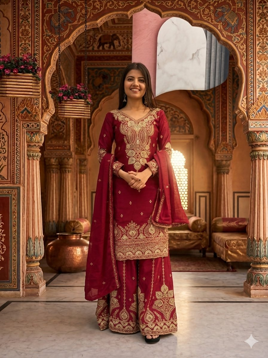 Teeya Creation Womens New Wedding Wear Heavy Embroidery Thread Work Maroon Kurta Set | Grocsy