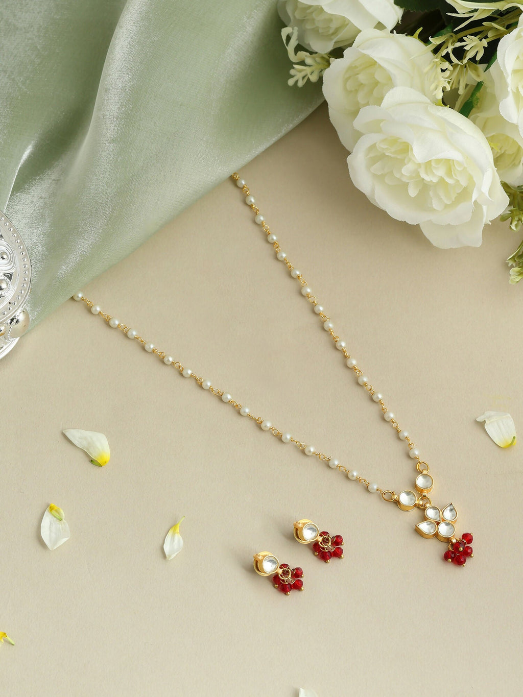 Ruby Raang Kundan Studded And Pearl Beaded Jewellery Set | Grocsy