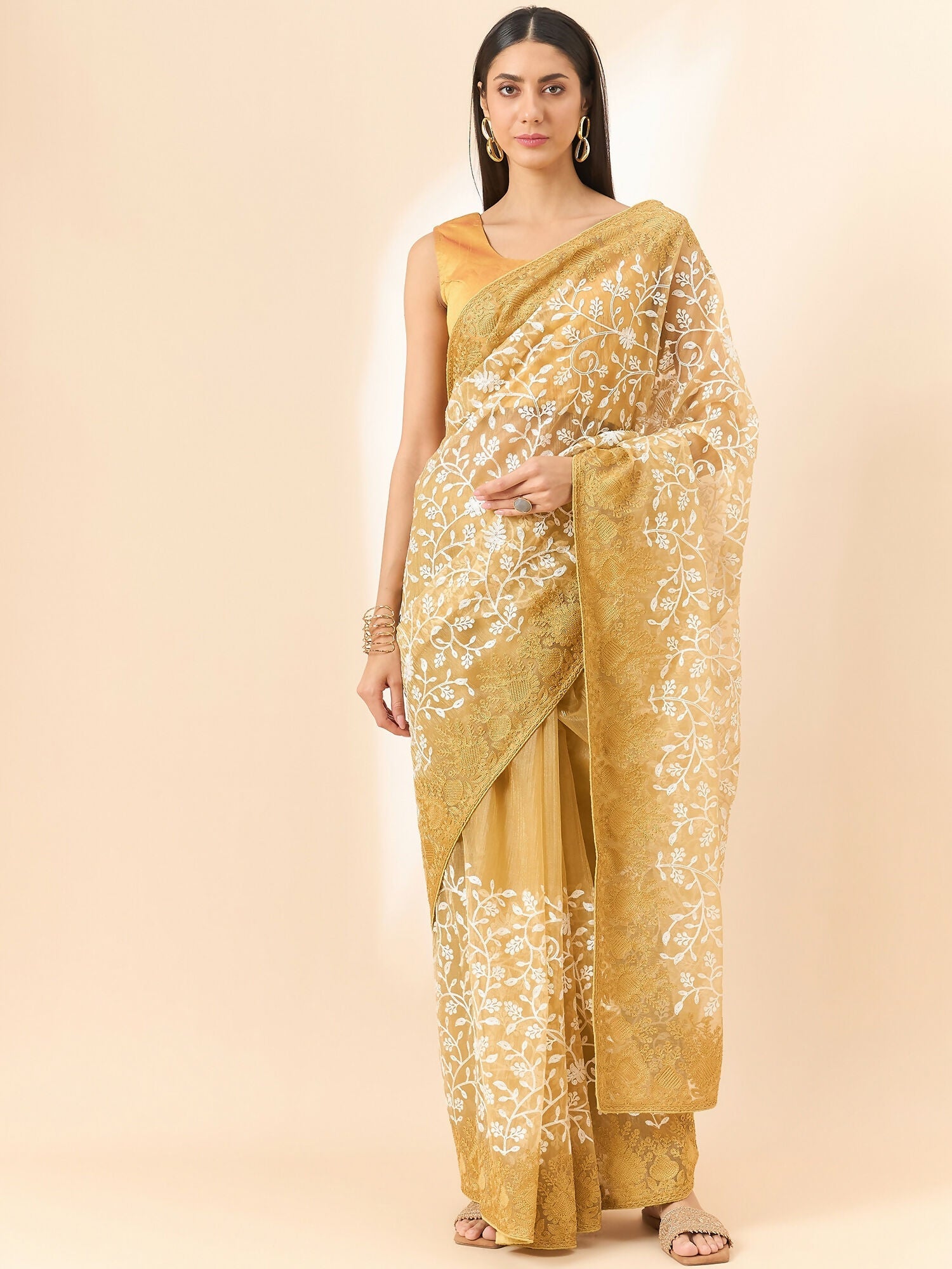 Beige Organza Floral Embroidered Saree with Unstitched Blouse Piece - Roozal | Grocsy