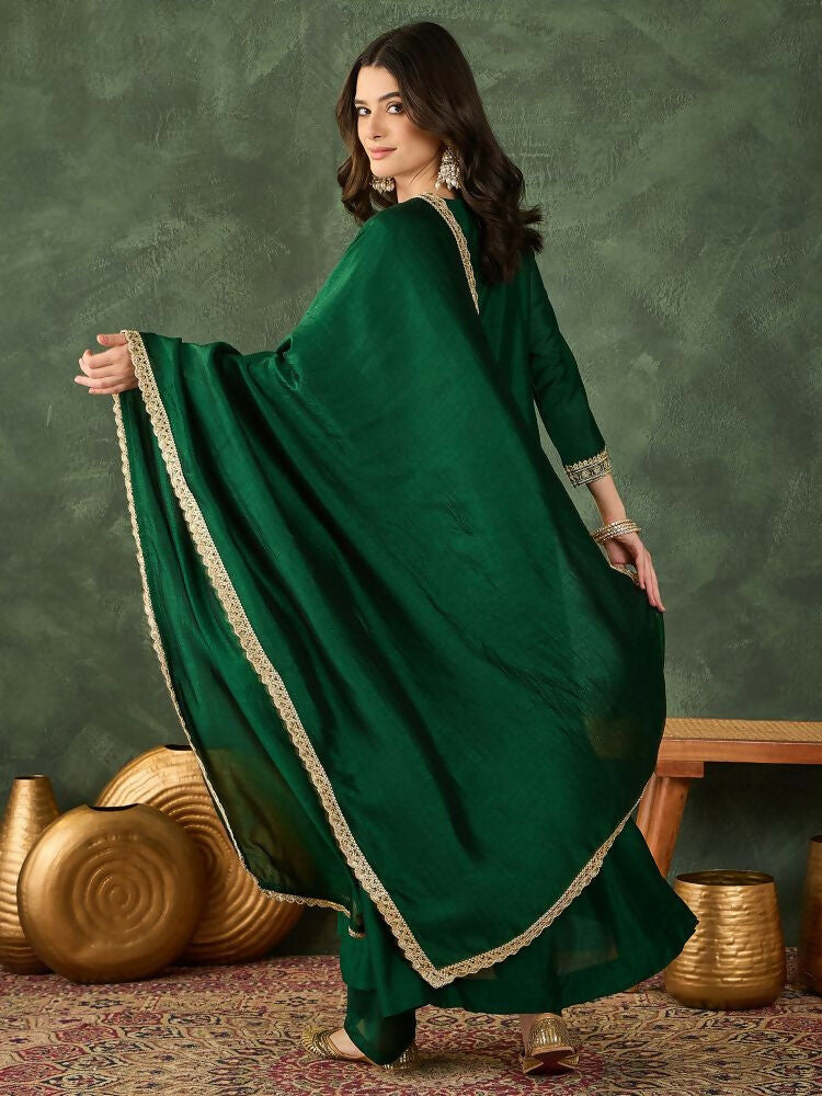 The52 Women's Beautiful Embroidery Work Vichitra Silk Fabric Flared Kurta Pant and Dupatta Set | Grocsy