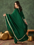 The52 Women's Beautiful Embroidery Work Vichitra Silk Fabric Flared Kurta Pant and Dupatta Set | Grocsy