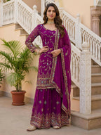 Teeya Creation Wine Faux Georgette Multi Thread Work Wedding Wear Sharara Set | Grocsy
