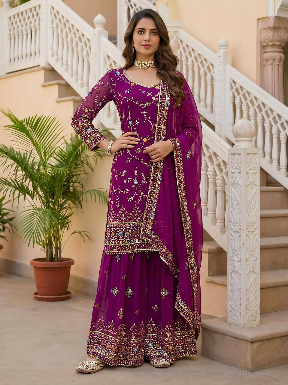 Teeya Creation Wine Faux Georgette Multi Thread Work Wedding Wear Sharara Set | Grocsy