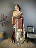 Prime Volt Premium Soft Silk Mayur Paithani Saree with Peacock Meena Weaving & Rich Pallu-Brown | Grocsy