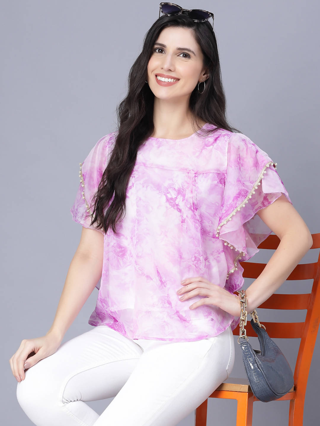 Myshka Organza Printed Short Sleeve Round Pink Women Top | Grocsy