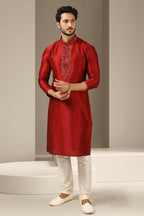 Raivat Ethnic Banarasi Art Silk Thread Work Kurta Pajama In Maroon Colour | Grocsy