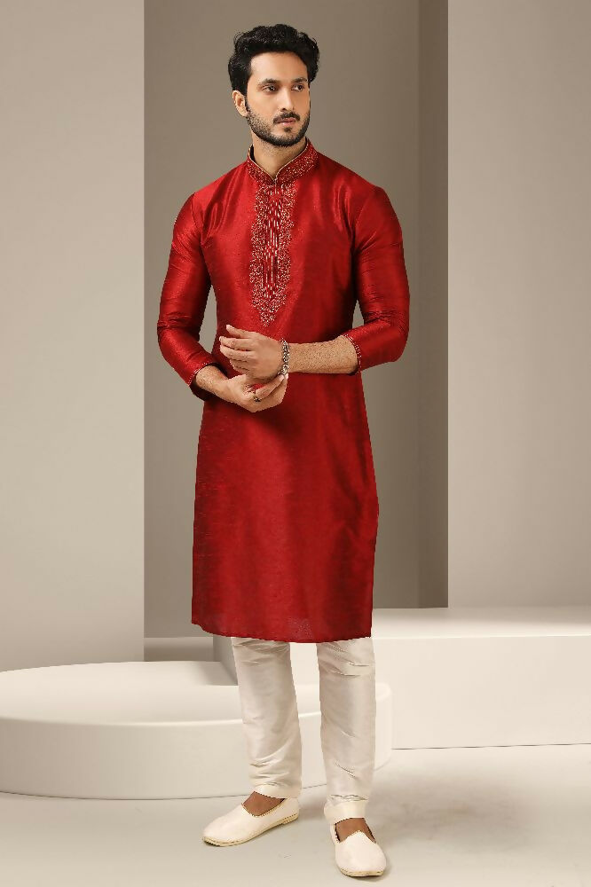 Raivat Ethnic Banarasi Art Silk Thread Work Kurta Pajama In Maroon Colour | Grocsy