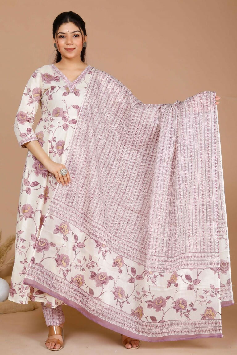 Miravan Women's Pink Floral Print Anarkali Kurta With Palazzo & Dupatta Set | Grocsy