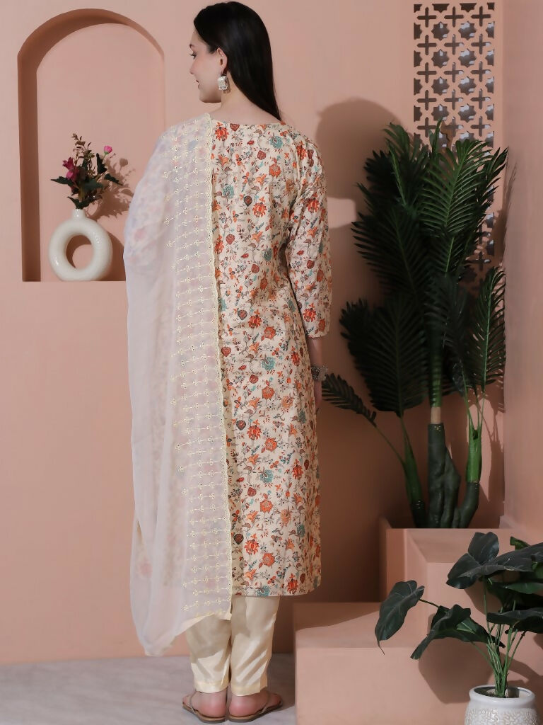 Jyoti Fashion Women's Beige Cotton Floral Digital Printed Kurta with Trouser & Dupatta | Grocsy
