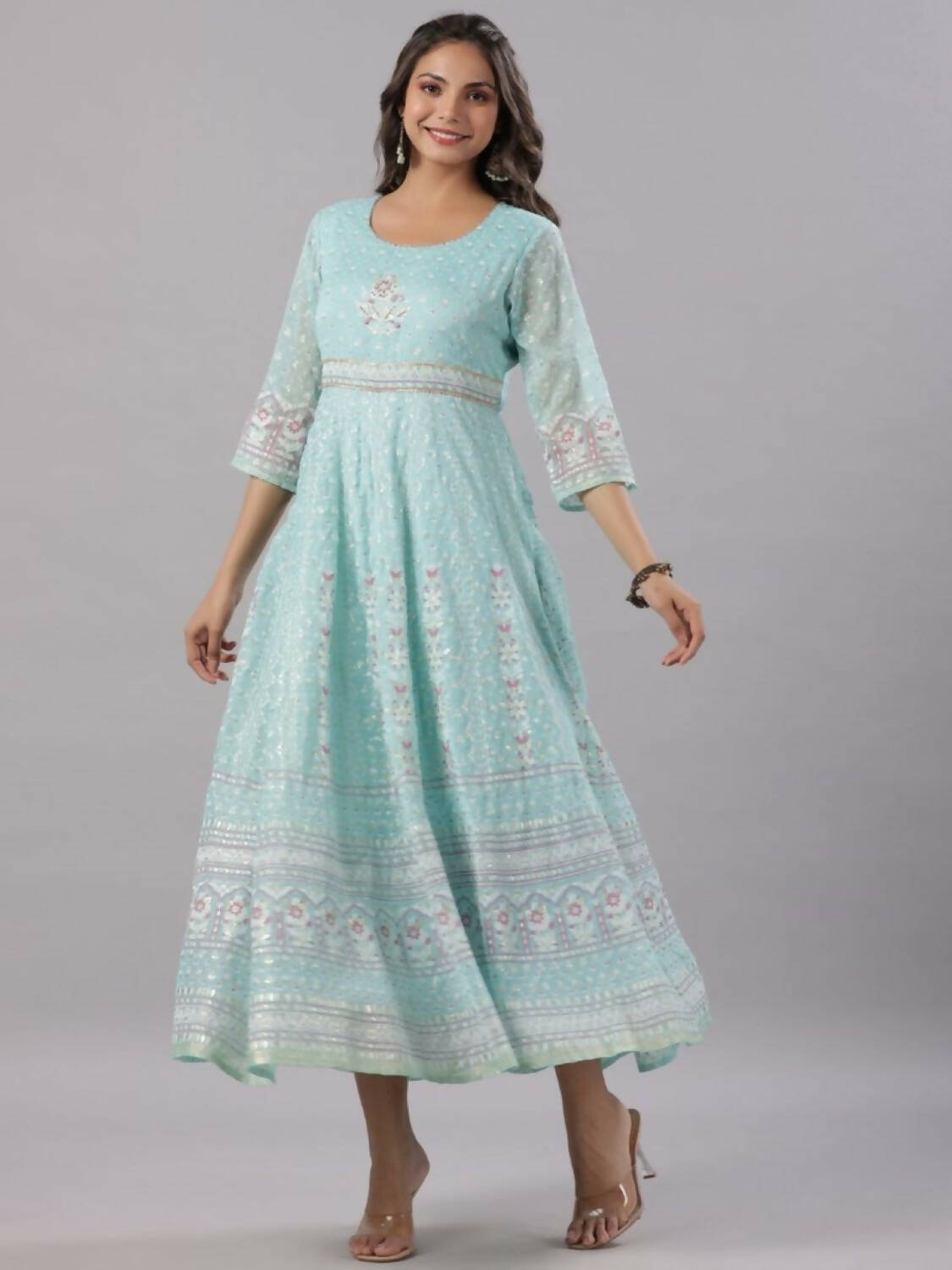 Juniper Women Sky Blue Chiffon Dobby Printed Maxi Dress | Grocsy