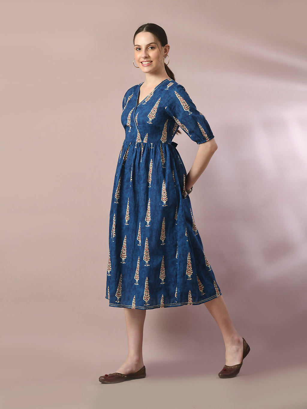 Myshka Women's Blue Printed Cotton V-Neck Empire Party Dress | Grocsy