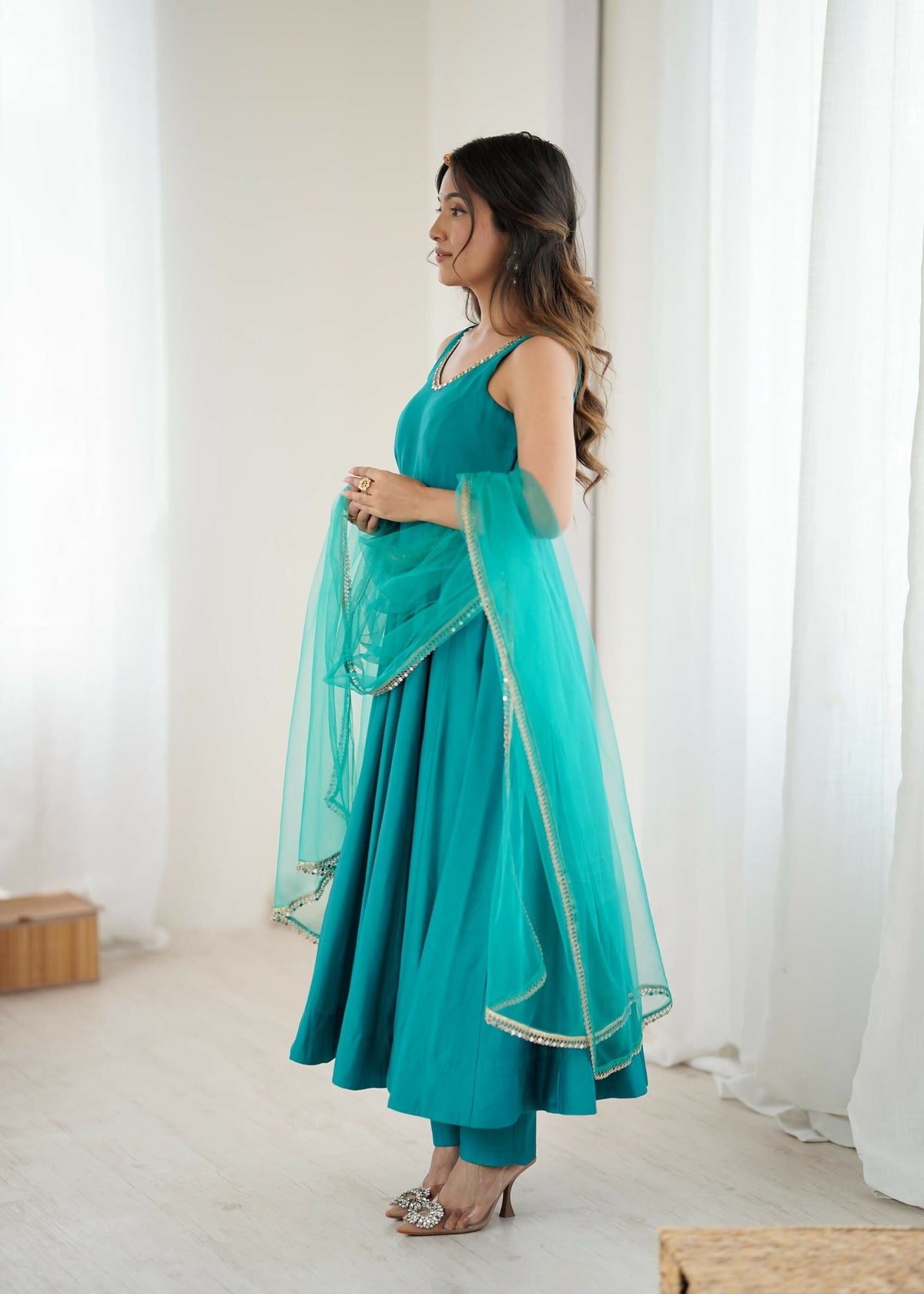 The52 Women's Beautiful Roman Silk Chanderi Fabric Flared Anarkali Pant and Dupatta Set | Grocsy