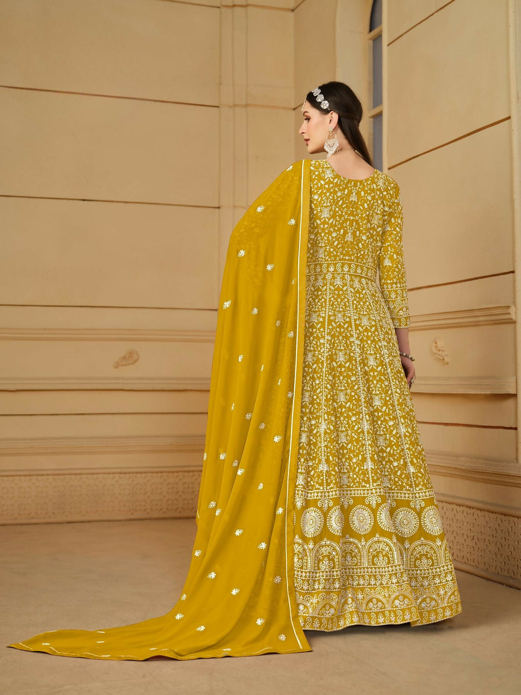 Anaita Yellow Embroidered Faux Georgette Anarkali Suit | Grocsy