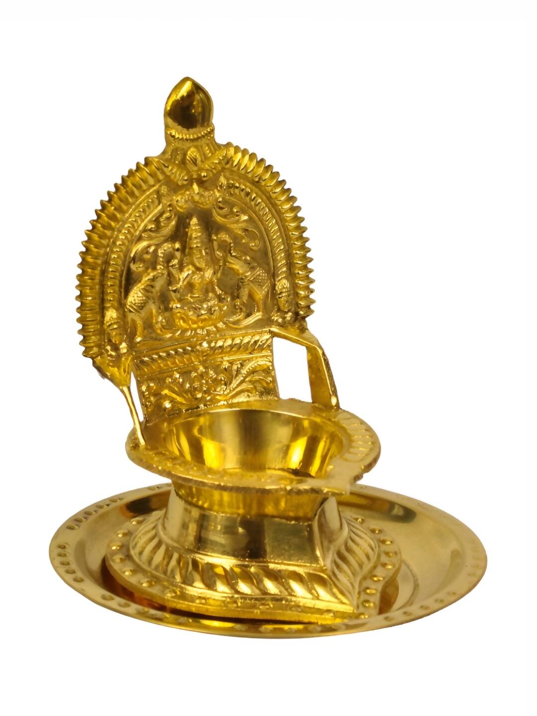 Spillbox Gold Toned Kamachi Diya With Plate Pooja Essentials | Grocsy