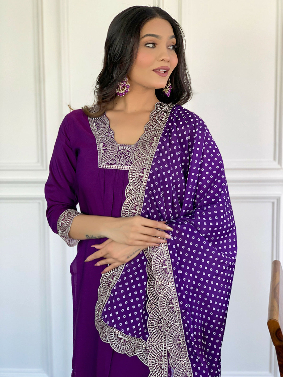 Partywear Designer ViscoseWine Stitched Suit With Dupatta - Tanisha | Grocsy