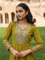Juniper Women's Green Thread Embroidered Georgette Kurta Dhoti Pant & Dupatta Set With Mirror Work & Sequins | Grocsy