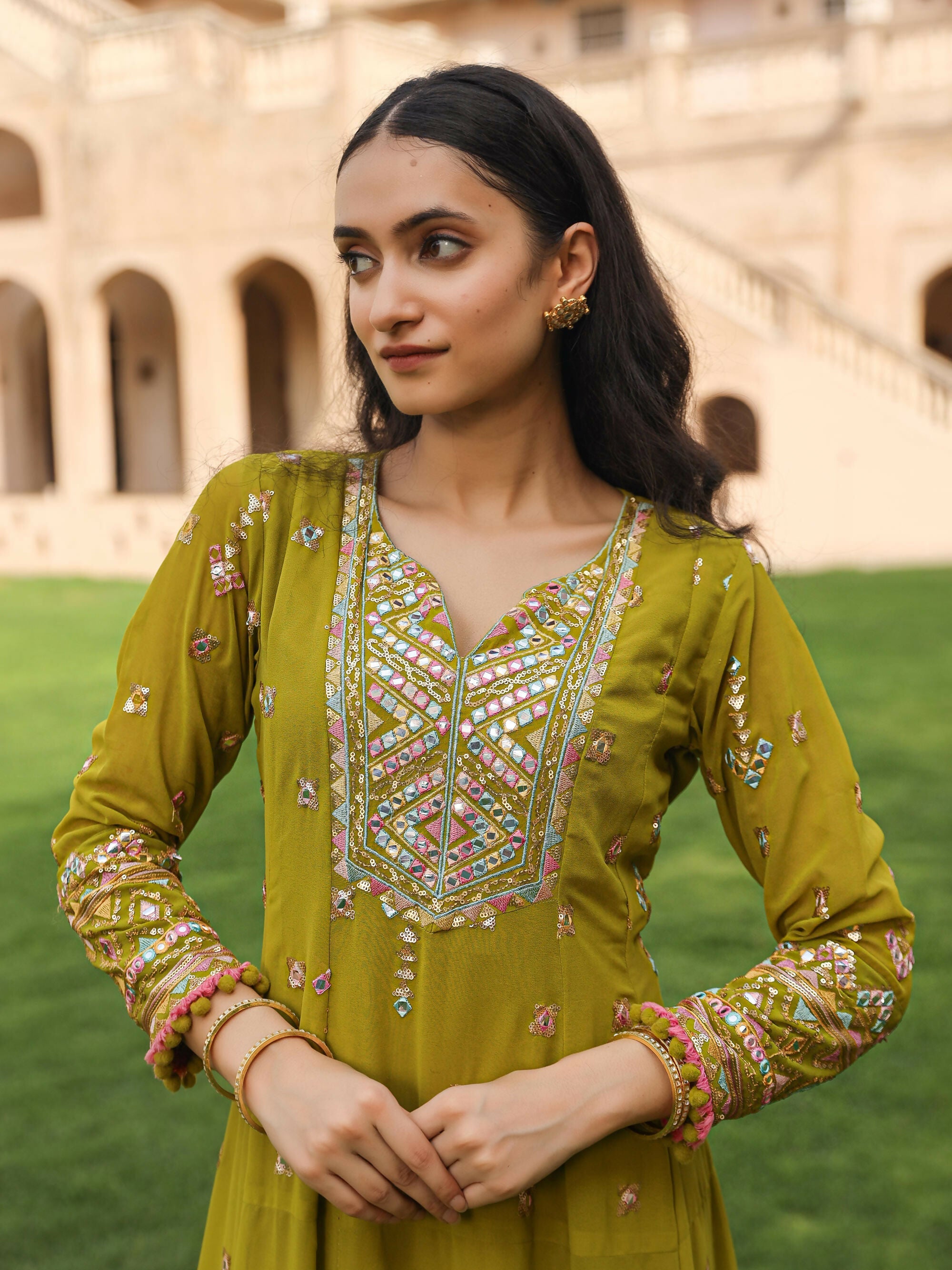 Juniper Women's Green Thread Embroidered Georgette Kurta Dhoti Pant & Dupatta Set With Mirror Work & Sequins | Grocsy