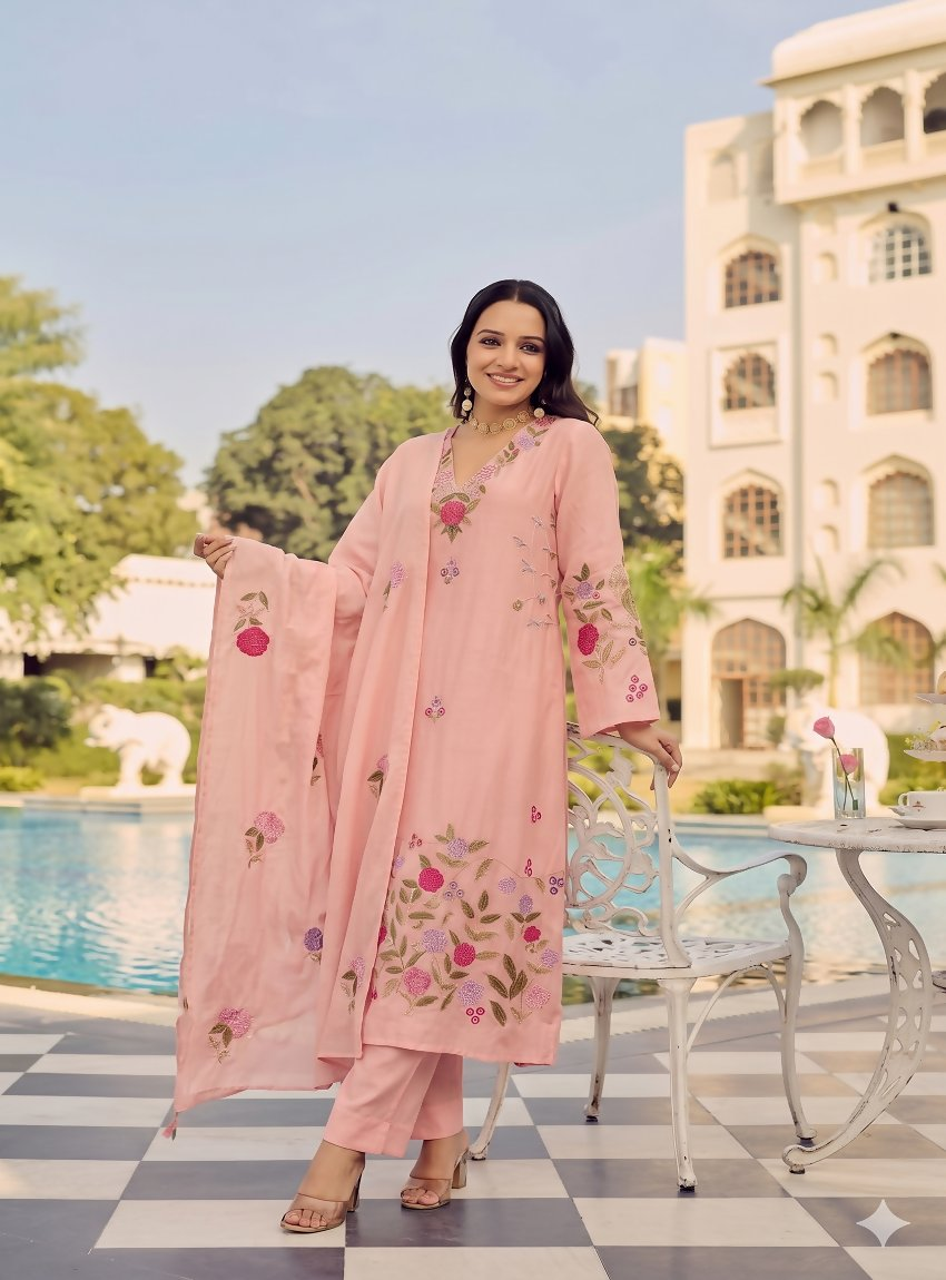 Teeya Creation Premium Peach Chanderi Silk Floral Embroidered Straight Kurta Pant Set With Dupatta For Women | Grocsy
