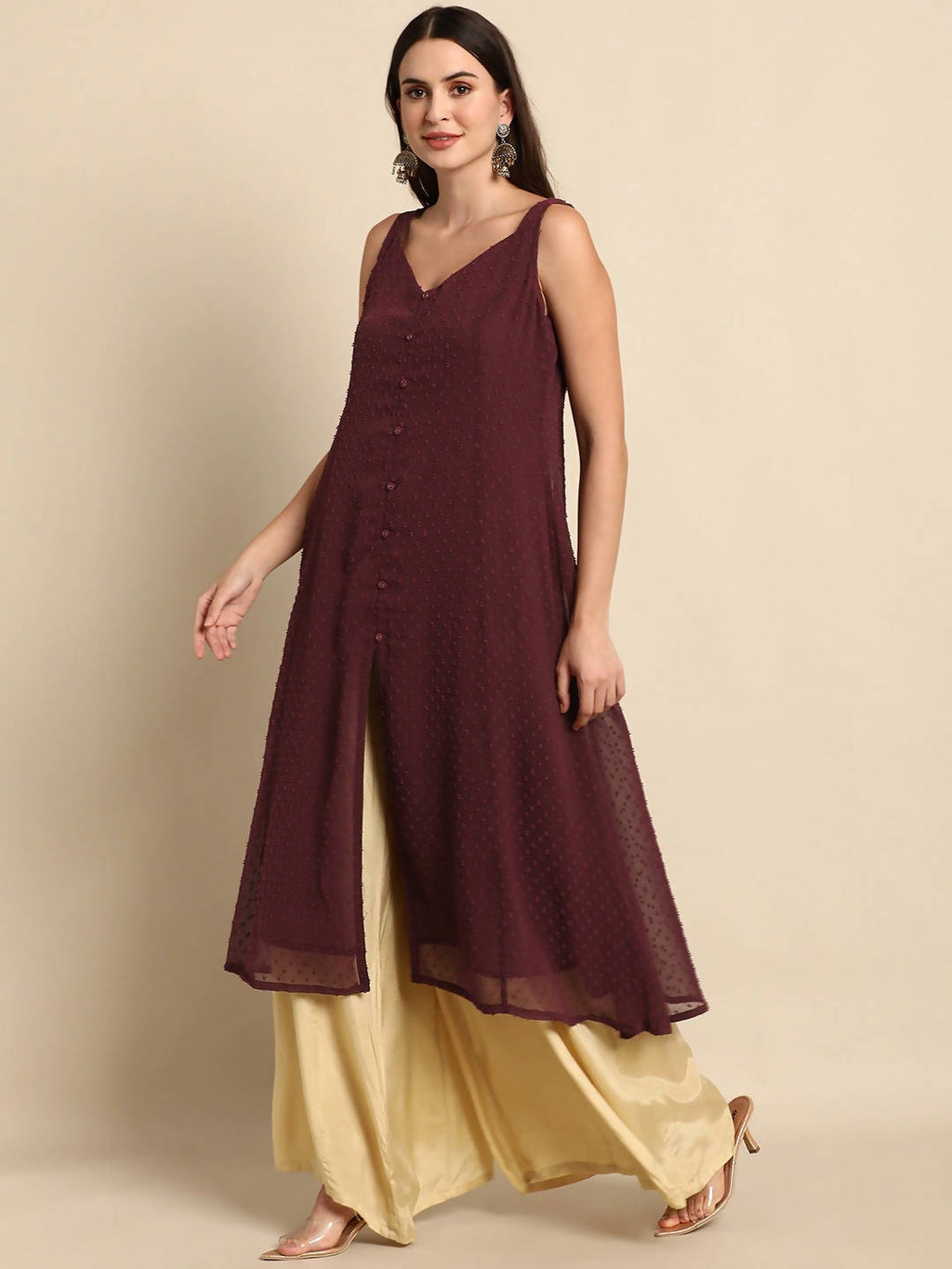 Janasya Women Maroon Poly Chiffon Dobby Weave Kurta | Grocsy