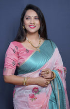 Jyoti Fashion Women's Teal Linen Silk Digital Print with Jacquard Woven Border Saree with Blouse | Grocsy