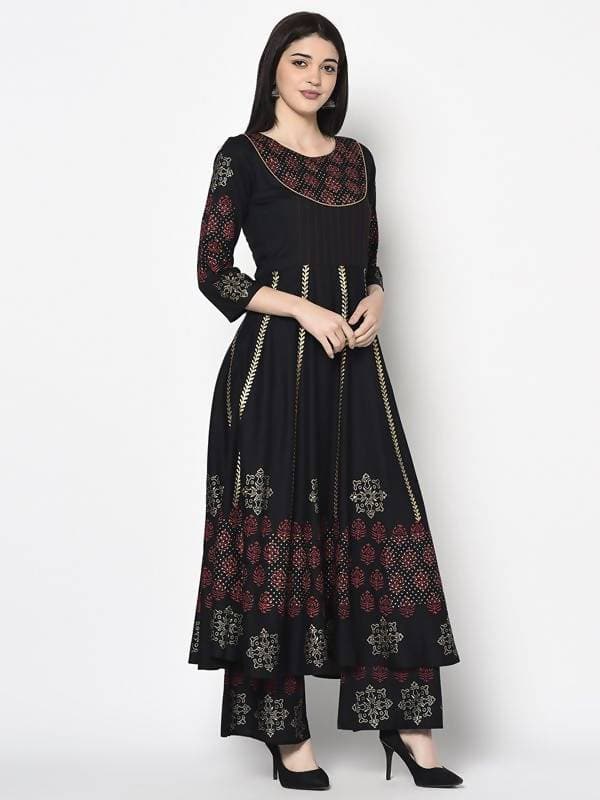 Aniyah Rayon Black Color Block Print Anarkali Palazzo Set (AN-186K) | Grocsy