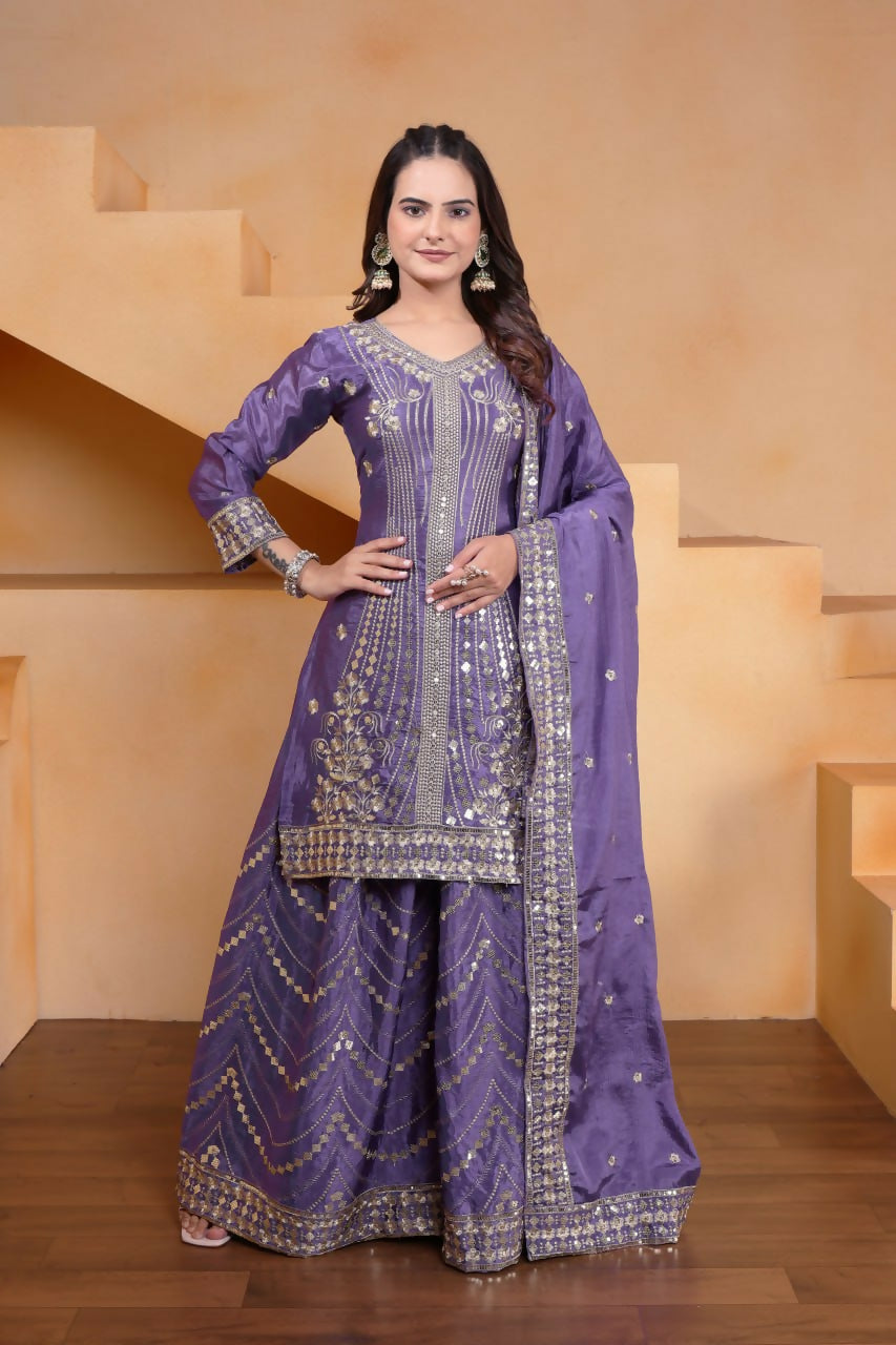 Teeya Creation Lavender Color Chinon Silk Wedding Wear Trending Palazzo Set | Grocsy