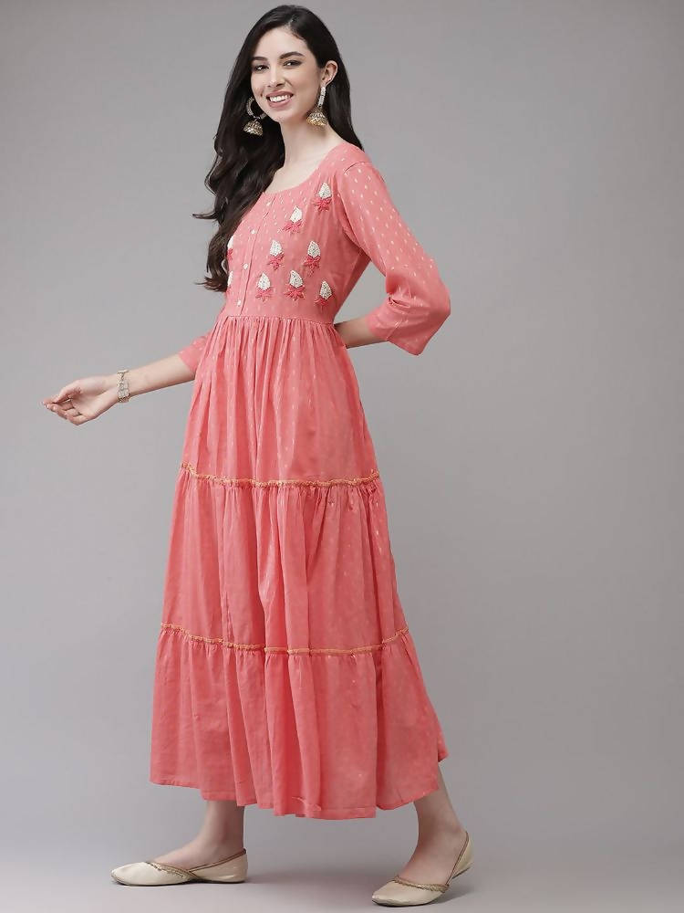 Yufta Coral Pink Embellished Embroidered Ethnic Dress | Grocsy