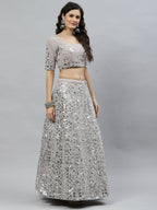 Grey Georgette Paper Mirror Embroidery Work Lehenga Choli with Dupatta - Jivika | Grocsy