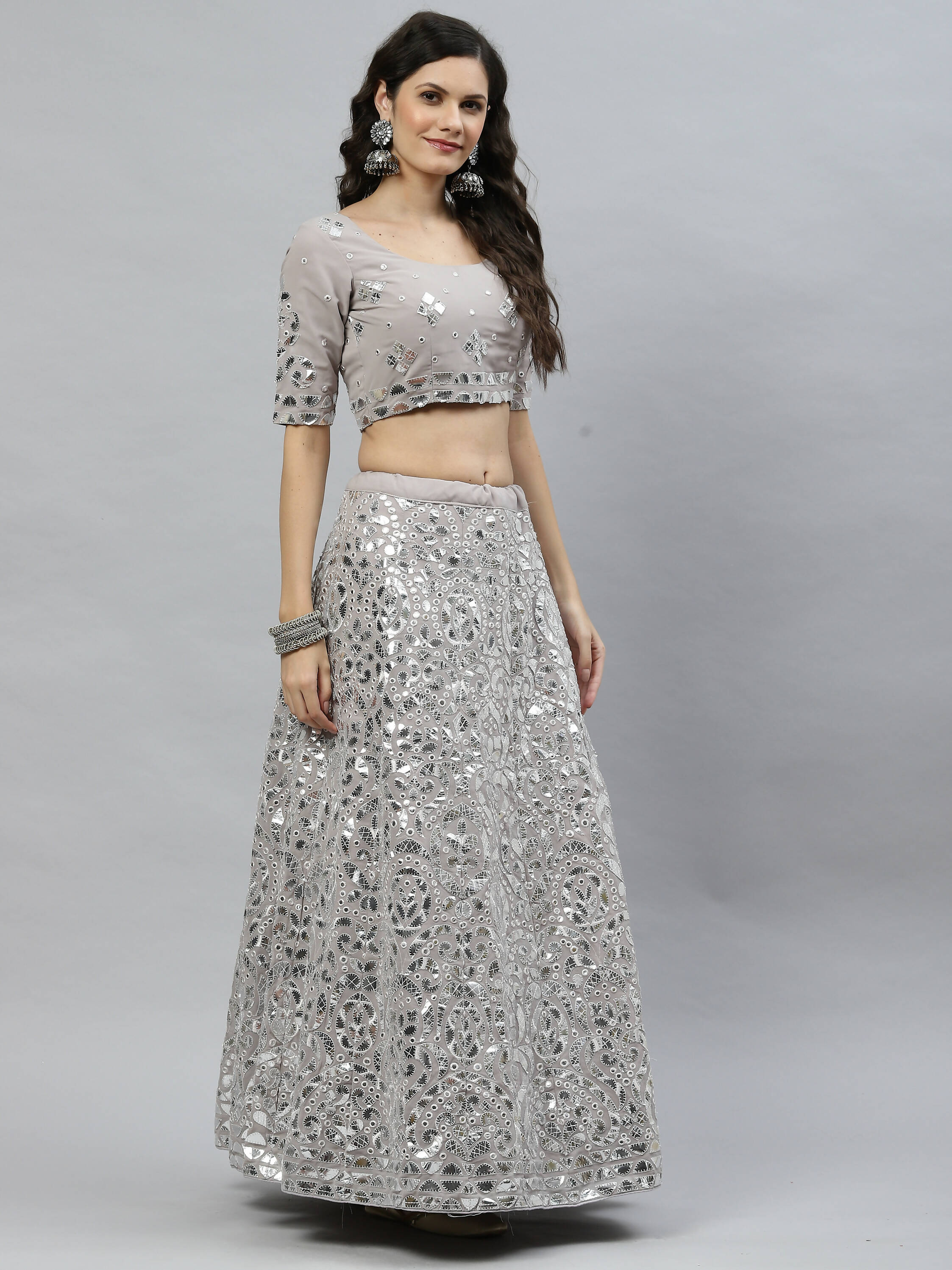 Grey Georgette Paper Mirror Embroidery Work Lehenga Choli with Dupatta - Jivika | Grocsy