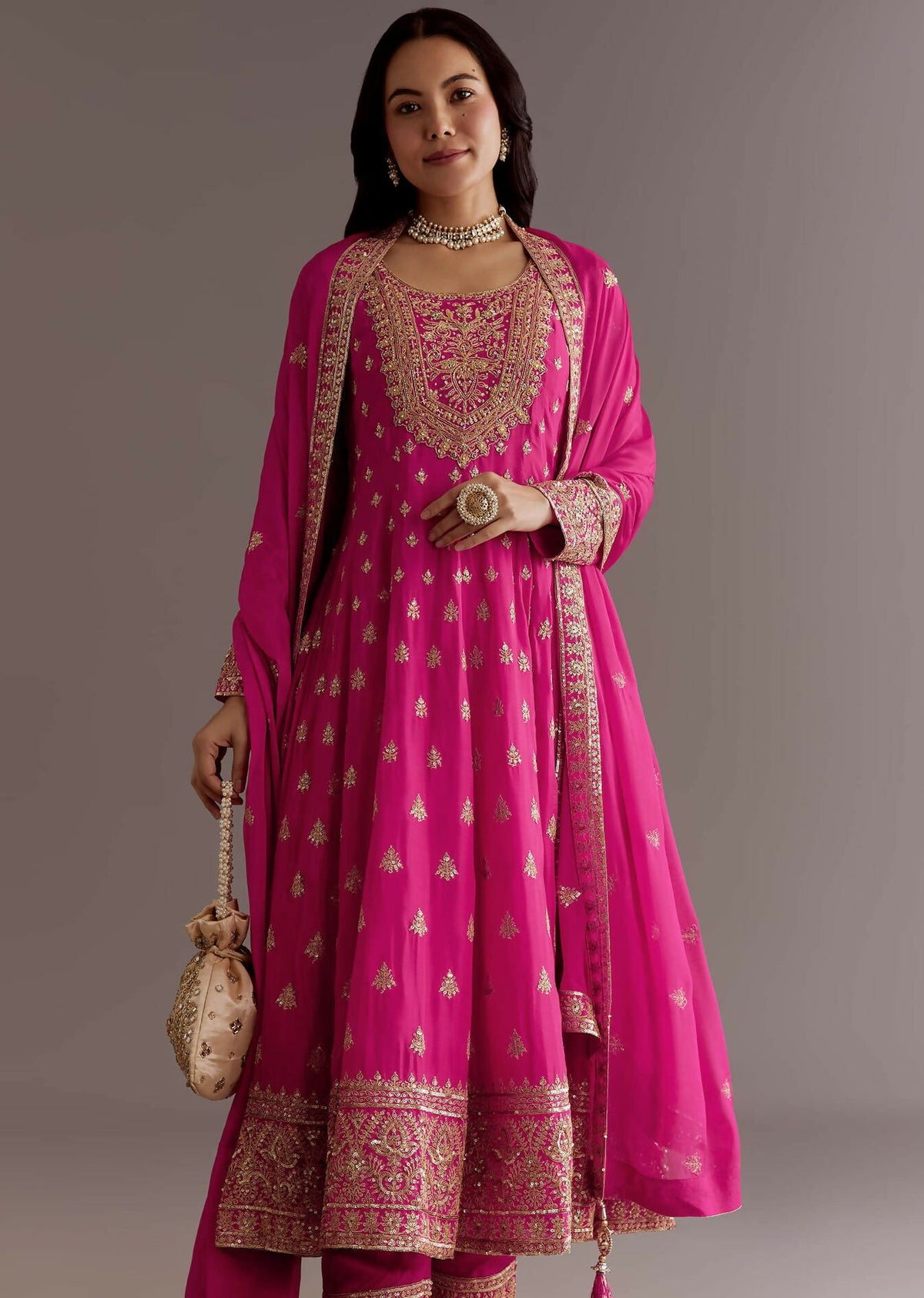 Teeya Creation Pink Color Chinnon Silk Embroidery Work Gown | Grocsy