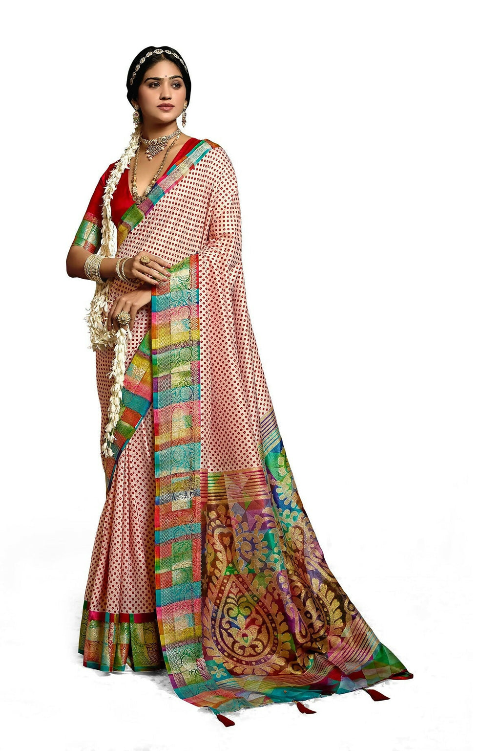 Joban Fashion Tushar Silk Cream And Red Colored With Zari Border And Designer Pallu Saree | Grocsy