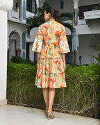Vaasva Women's Orange Cotton Embroidered& Digital Printed Dress | Grocsy