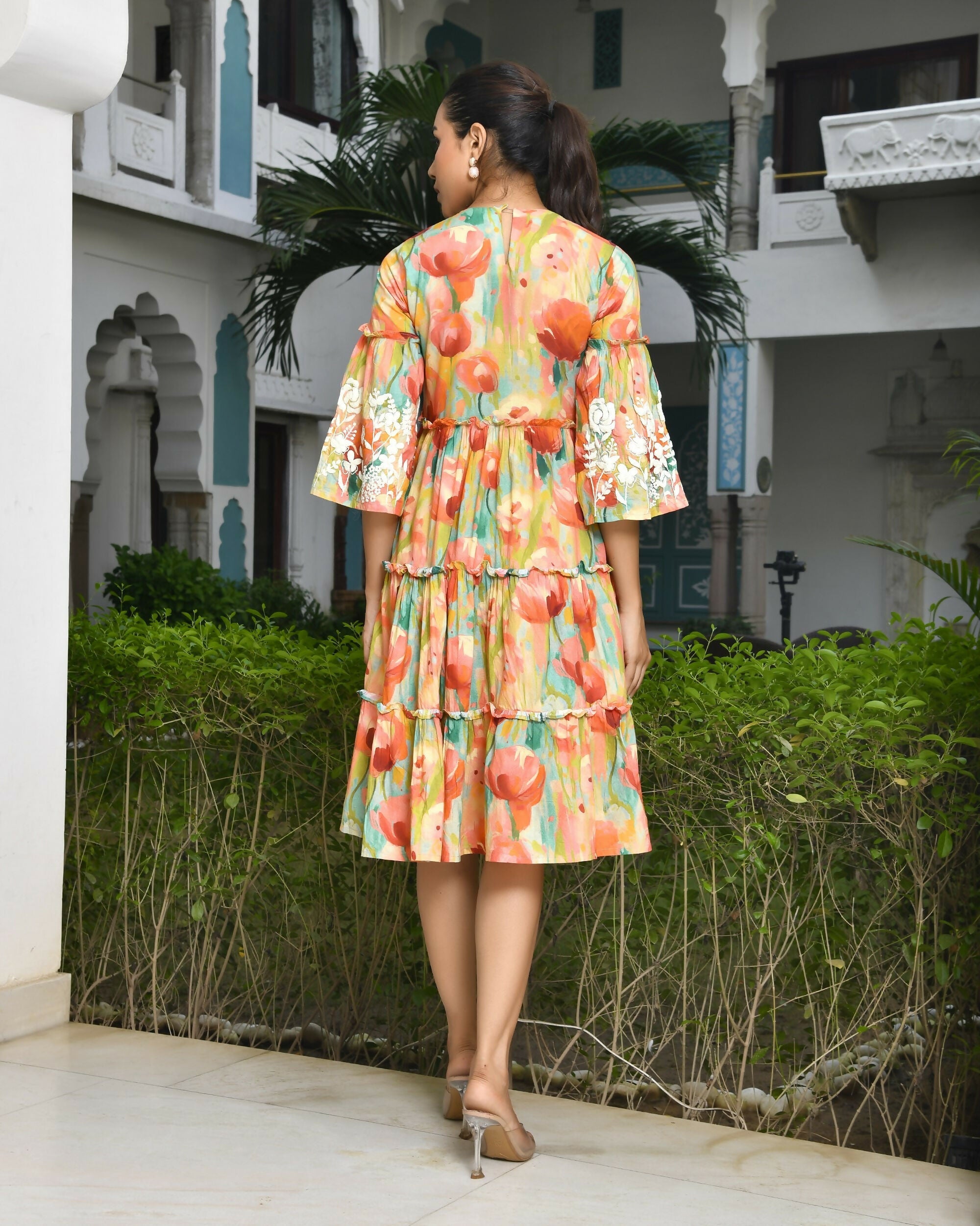 Vaasva Women's Orange Cotton Embroidered& Digital Printed Dress | Grocsy