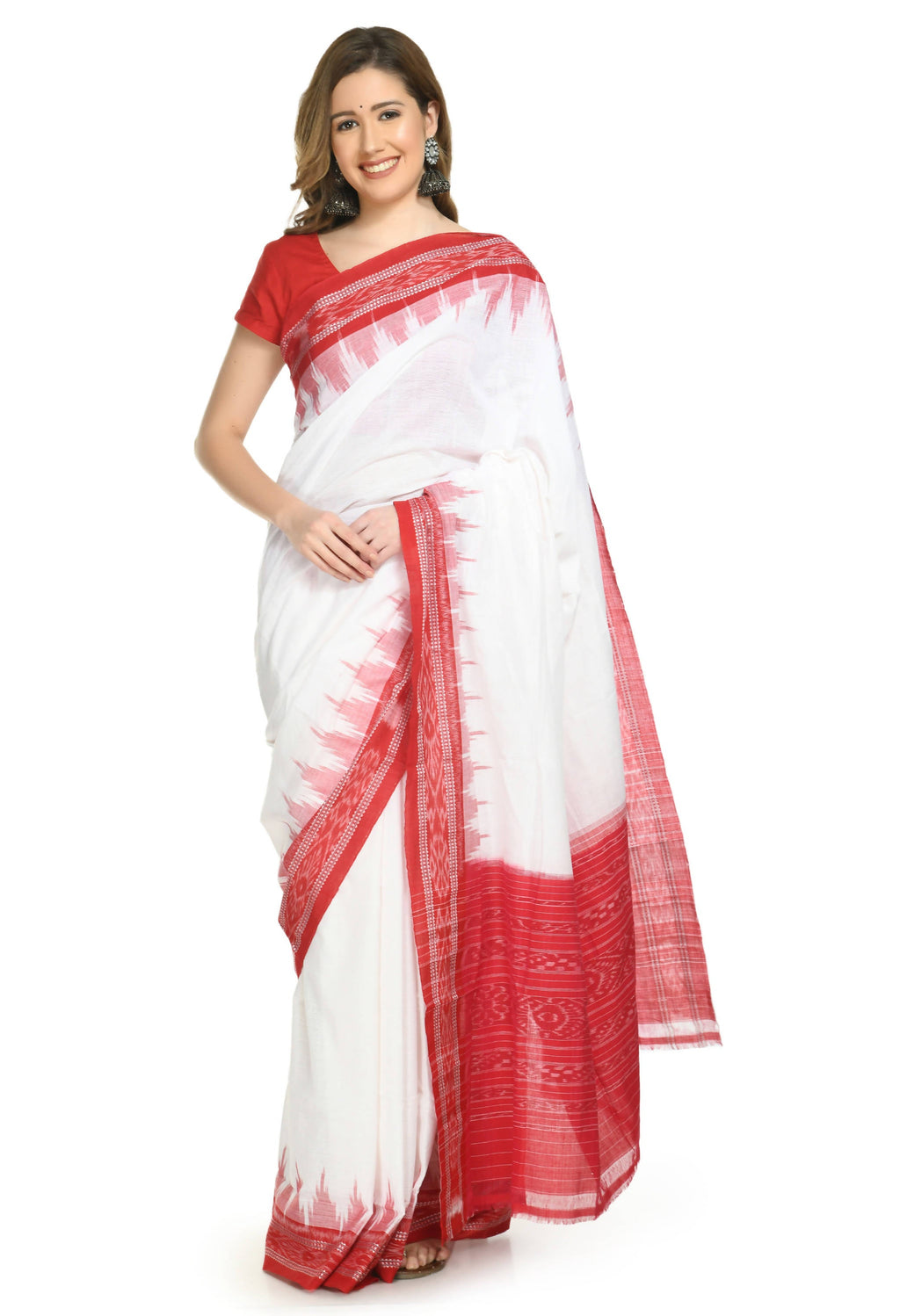 Vamika Sambalpuri Ikat Cotton Plane Kumbha White & Red Saree | Grocsy