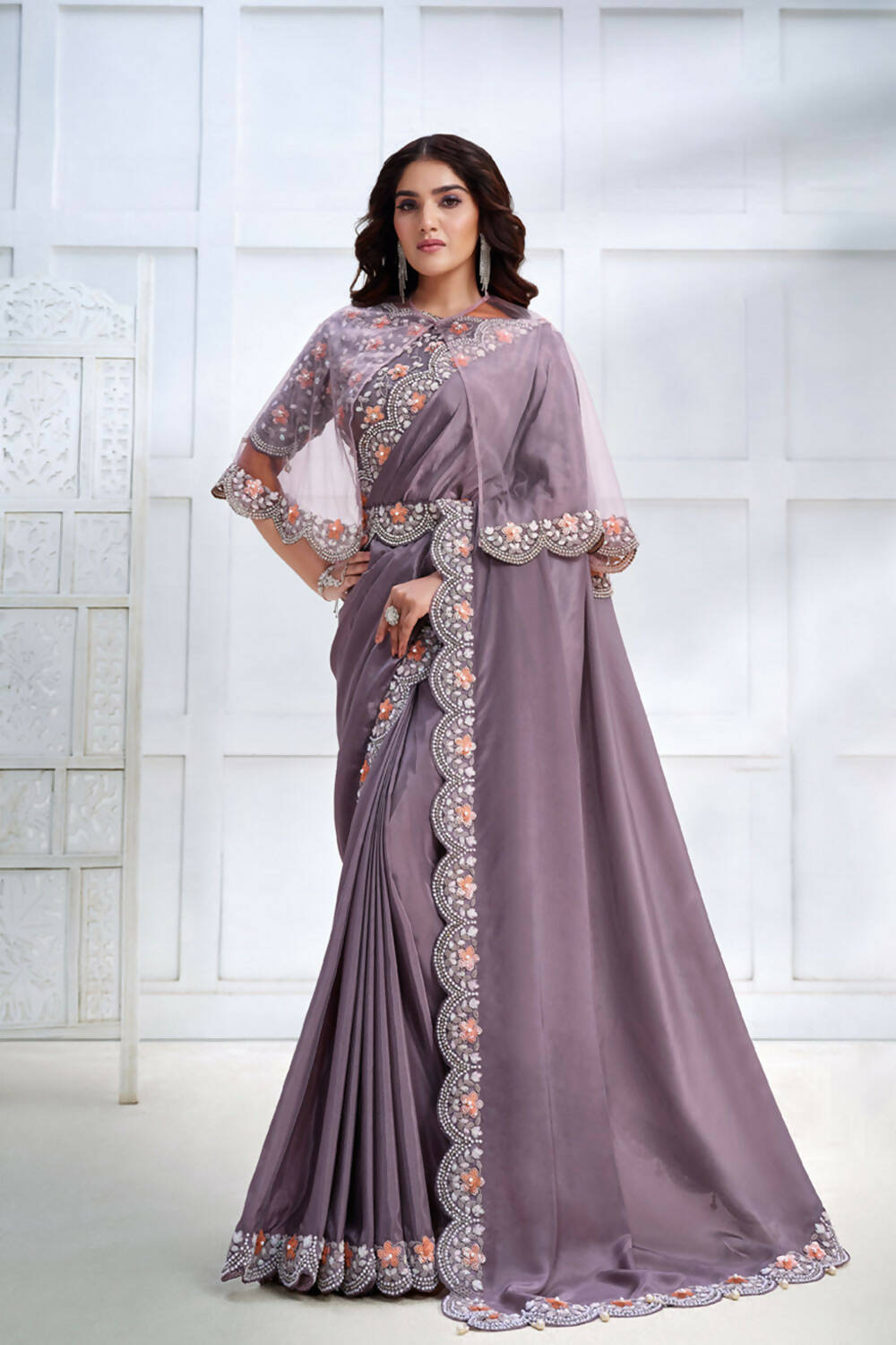 Lavender Crepe satin silk Cord & Sequence Embroidered with Stone work Saree - Mohmanthan Majestica | Grocsy