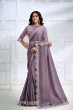 Lavender Crepe satin silk Cord & Sequence Embroidered with Stone work Saree - Mohmanthan Majestica | Grocsy