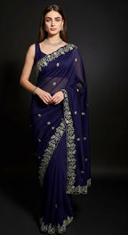 Joban Fashion Blue Fandy Satin Silk Party Wear Sarees | Grocsy