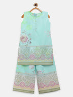 Ahalyaa Aqua Blue Crepe Printed Kids Kurta Palazzo Sets For Girls | Grocsy