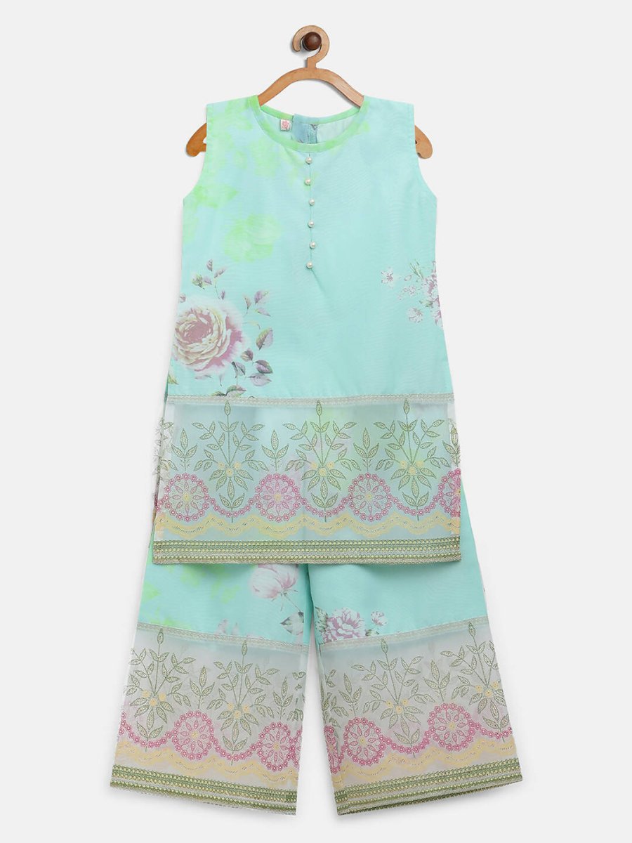 Ahalyaa Aqua Blue Crepe Printed Kids Kurta Palazzo Sets For Girls | Grocsy