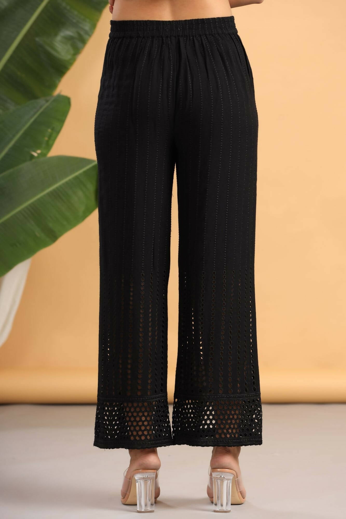 Juniper Women Black Rayon Woven Design Flared Palazzo | Grocsy