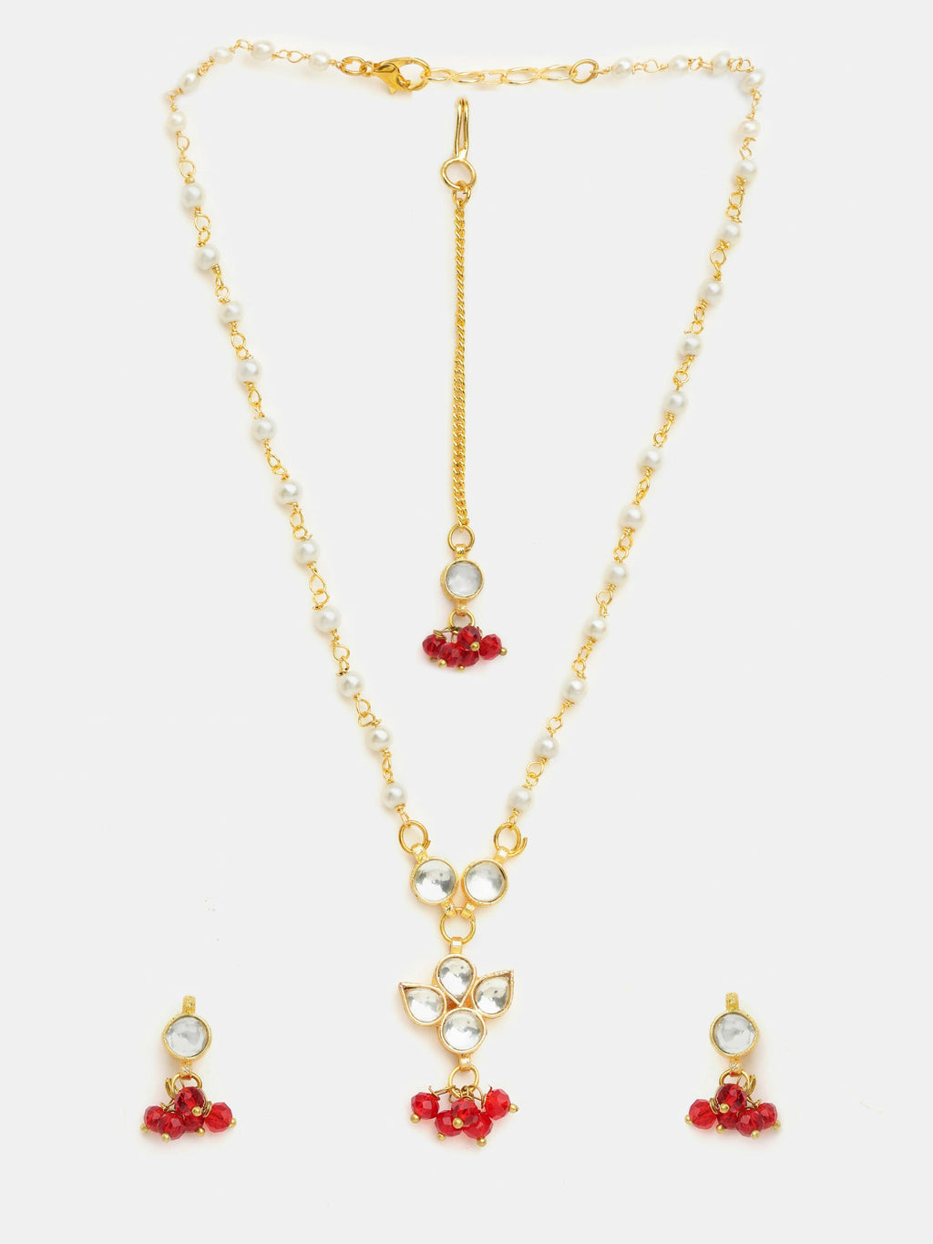 Ruby Raang Maang Tikka With Necklace And Earrings Set | Grocsy