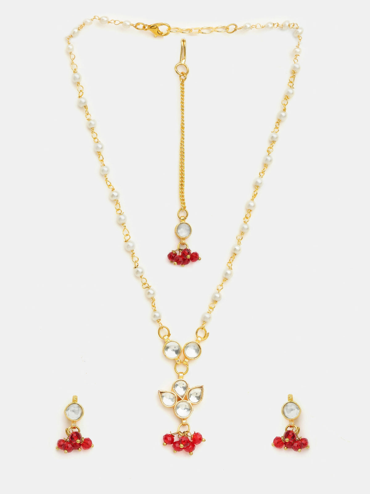 Ruby Raang Maang Tikka With Necklace And Earrings Set | Grocsy