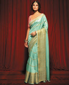Sea Green Silk Striped Pattern Saree With Unstitched Blouse Piece - Zyanya | Grocsy