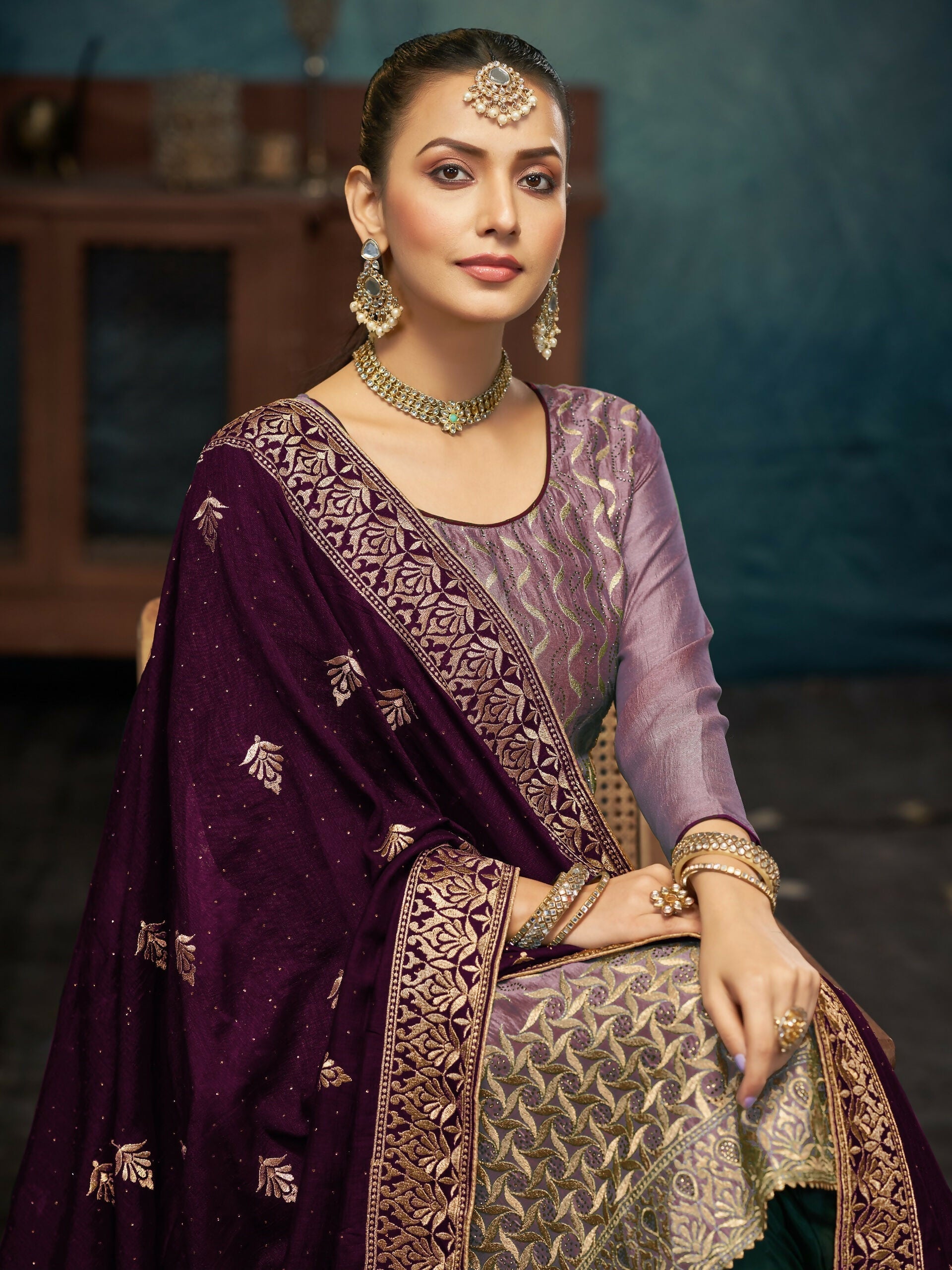 Anaita Light Purple Premium Embroidered with servos waki diamond Vichitra Silk Stitched Salwar Suit | Grocsy